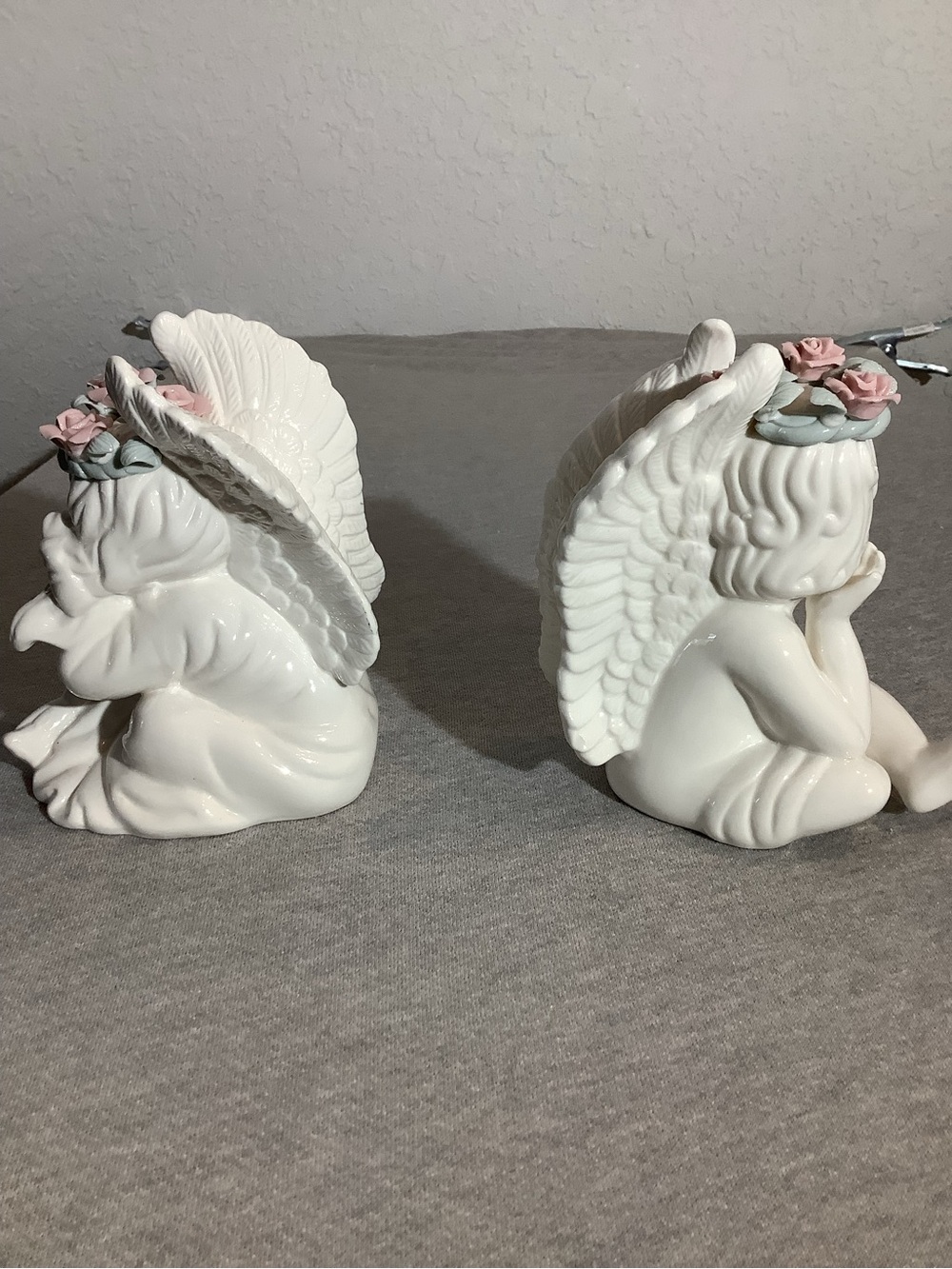 Vintage White Ceramic Cherub Angel Figurines with Pink Flower Crowns - Pair - Picture 2 of 6